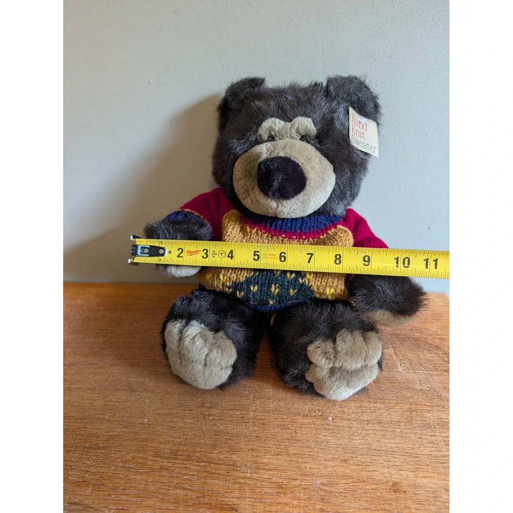 Vtg 90s Plush Black Bear Hand Knit Sweater Christmas Tree Winter 12in MTY Int'l